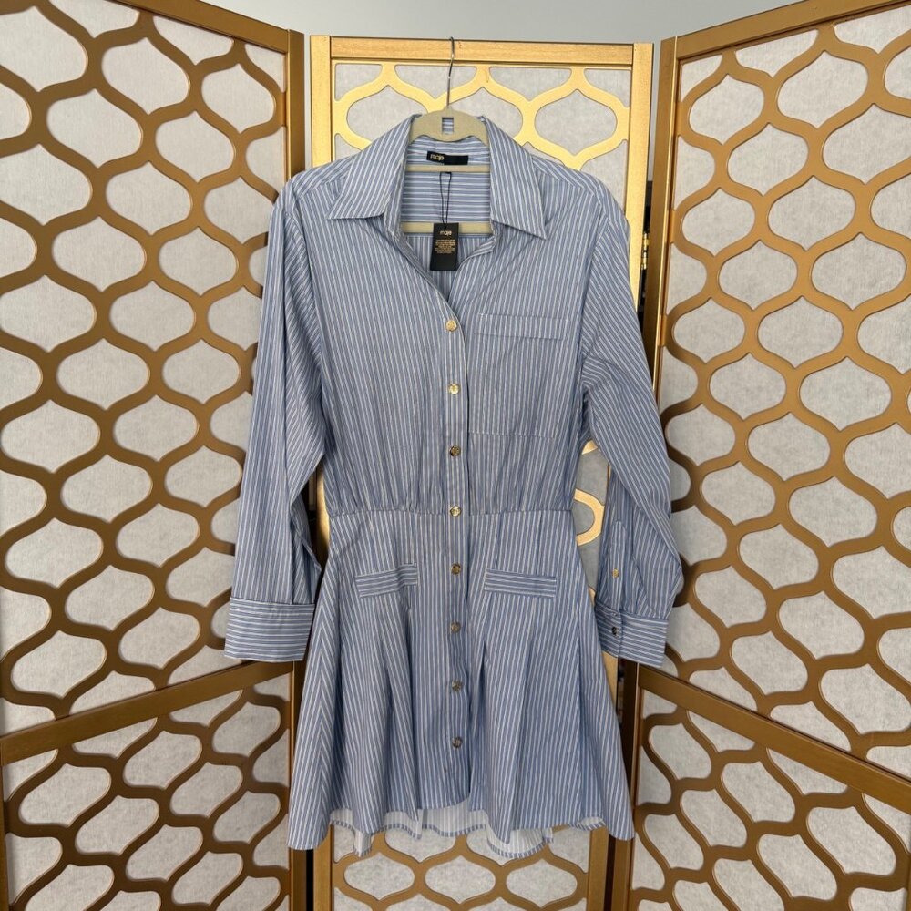 Maje Size M NEW Blue & White Striped Long Sleeve Button-Front Mini Shirt Dress - Picture 10 of 16